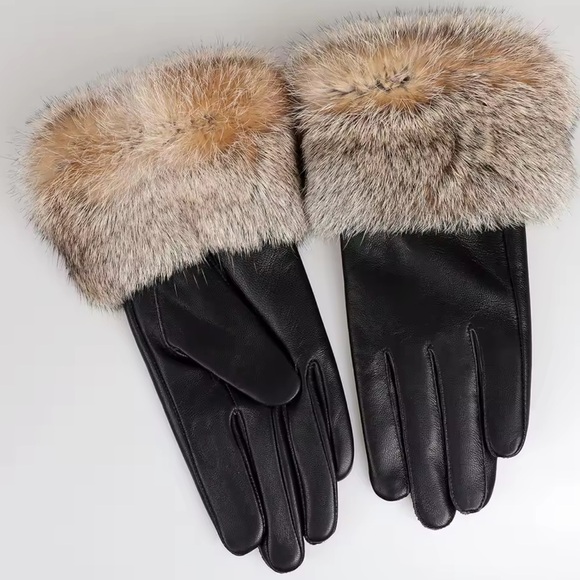 New Sheepskin Black Leather Gloves with Real Rabbit Fur Trim - Picture 3 of 5